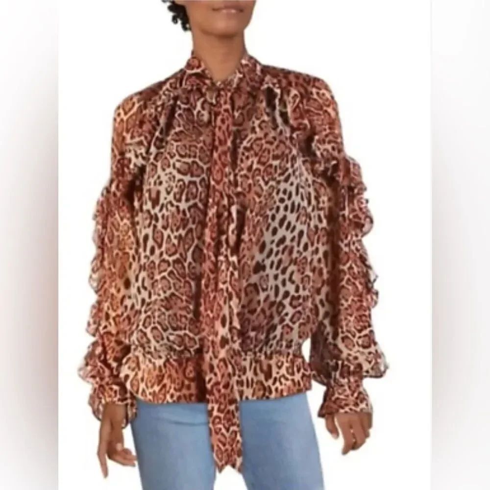 Walter Baker Animal Print Brown Ruffled Ling Sleeve Blouse size S